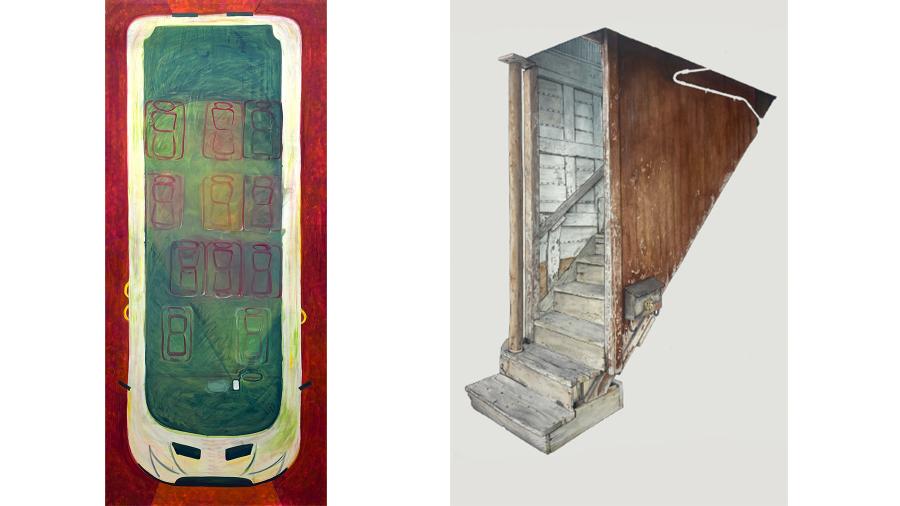 A painting of a red mini van by above and a painting of a stairwell in soft browns and gray colors