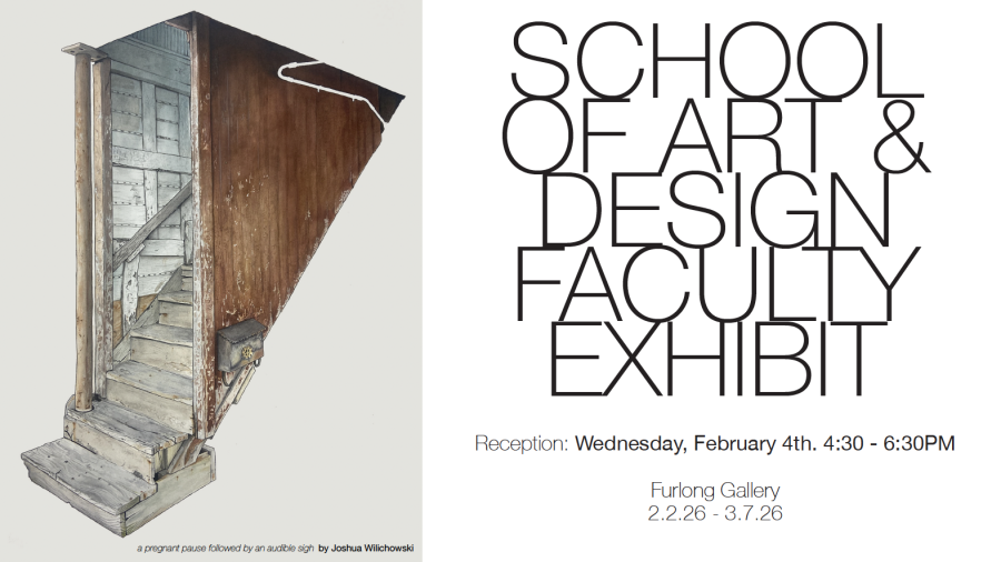 SCHOOL OF ART & DESIGN FACULTY EXHIBIT, photo of painting by Joshua Wilichowski entitled "a pregnant pause, followed by an audible sigh" which depicts a cropped staircase from a location in downtown Menomonie. the wood is old and worn, the stair case reinforced, a small ornate mailbox is attached to wall that follows the angle of the stairs. every detail is rendered in great detail. 