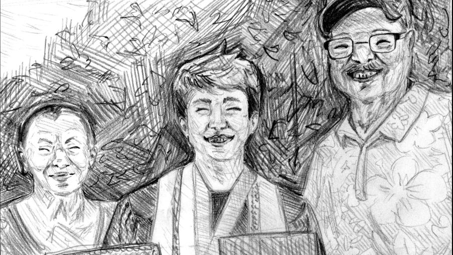 A detailed graphite-style drawing of three people standing together, with the central figure wearing graduation regalia and holding a decorated mortarboard and diploma cover.