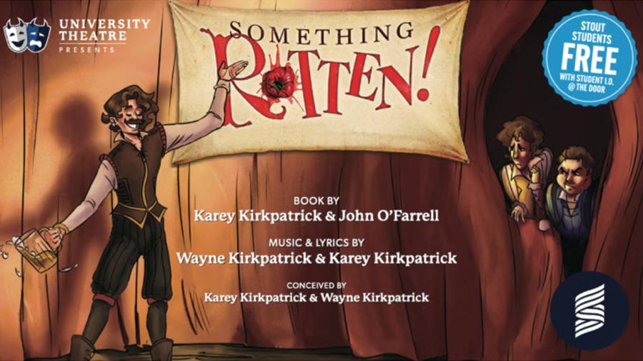 An illustration of Shakespeare in front of a banner that reads "Something Rotten"