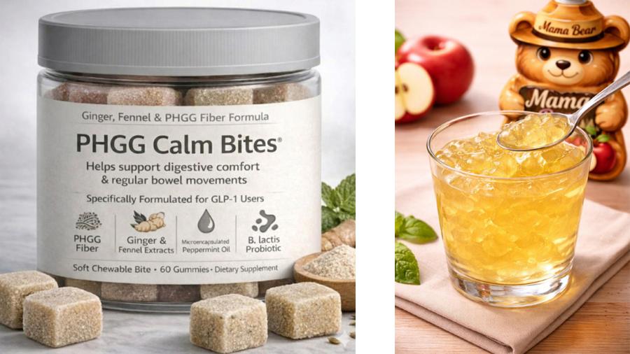 Two side by side images of chewable bites and a hydrogel pouch for dietary supplements