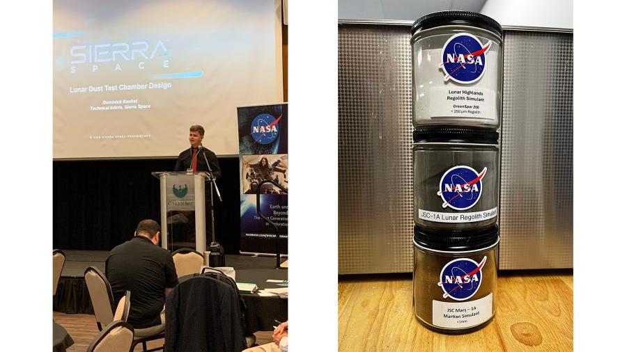 Side by side photos of student Dominick Konkel giving a Sierra Space presentation and three cannisters of lunar dust simulants.