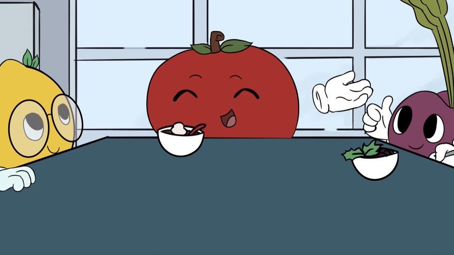 An animated lemon, apple and beet sit around a dinner table