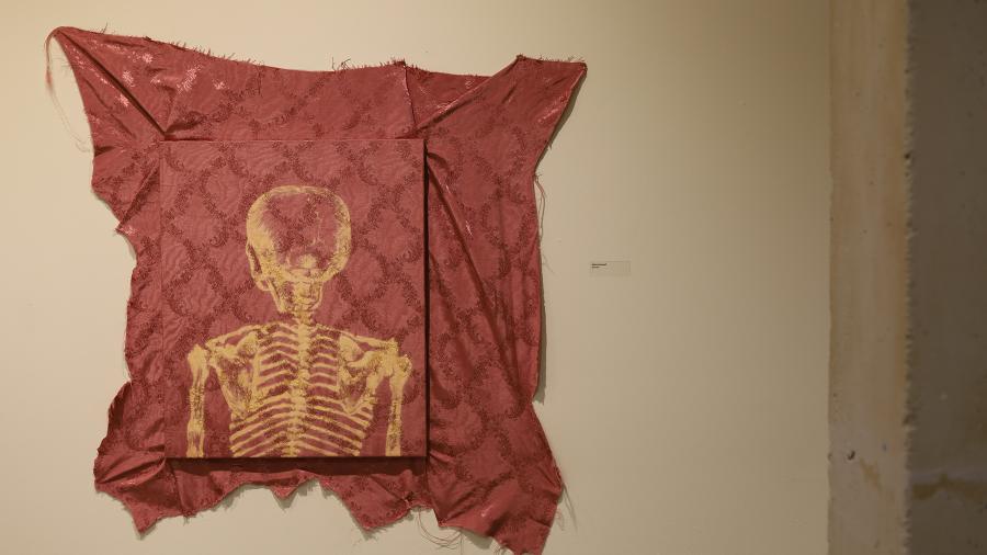 Ashley Hannasch, Spineless painting of a skeleton on mauve fabric