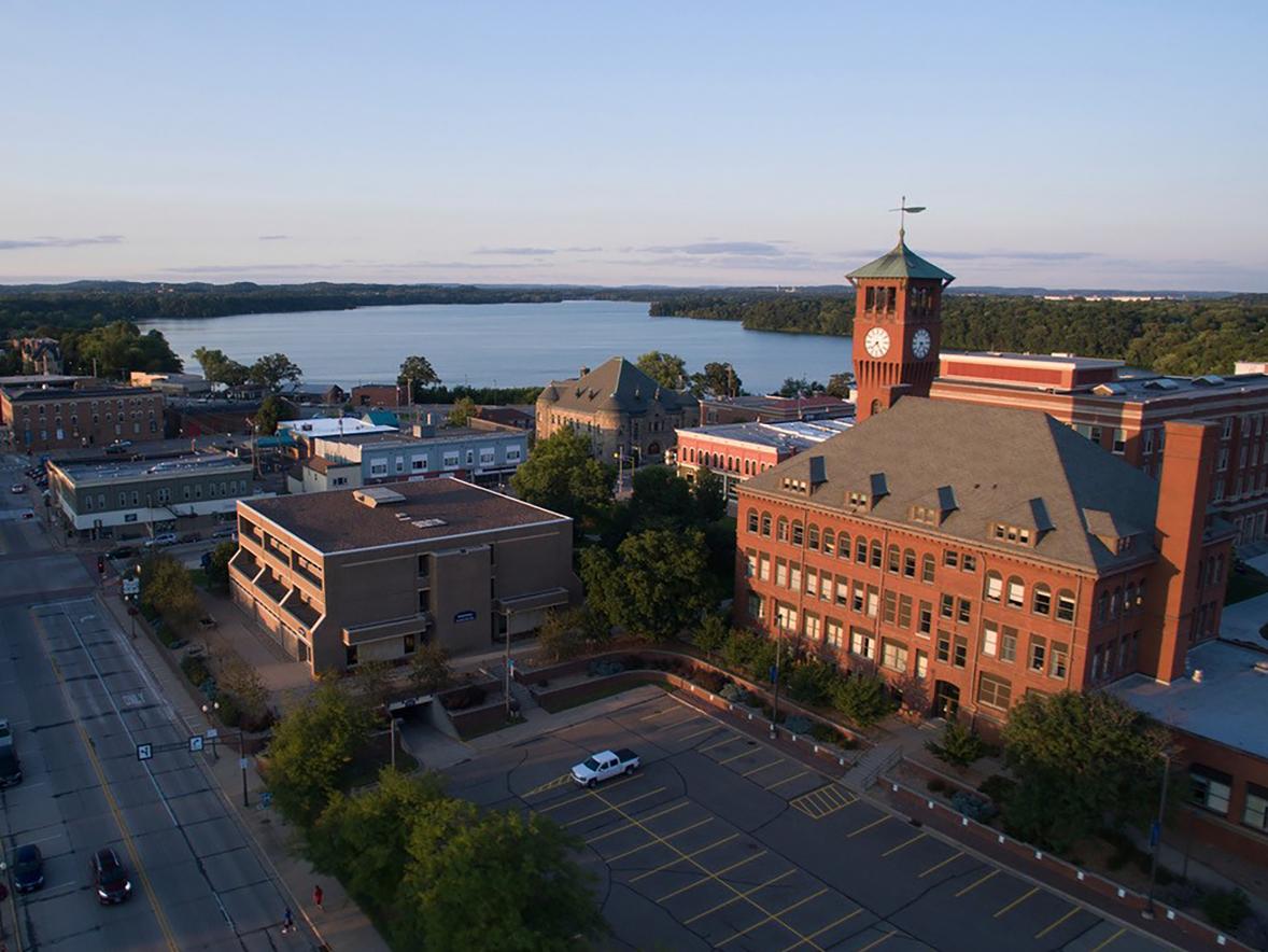 An aerial view of UW-Stout's Clock Tower and Lake Menomin.