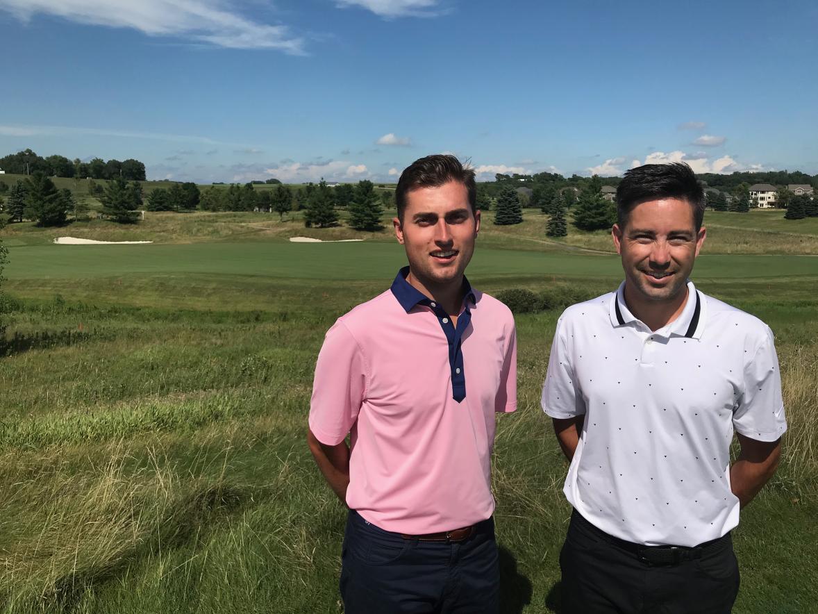 Assistant pro Nate Musta, left, and head pro Adam Chandler love their work at Somerby Golf Club in Byron, Minn., near Rochester. Both are UW-Stout graduates.