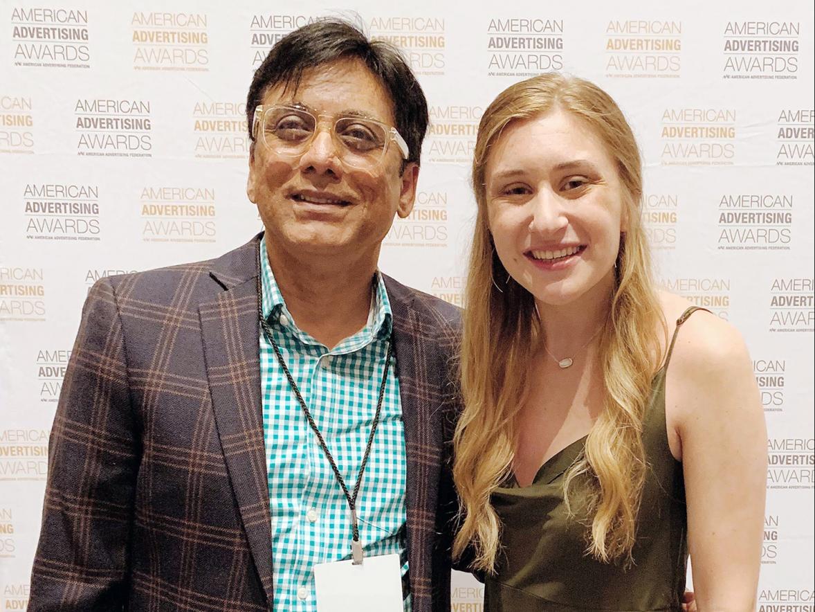 Professor Nagesh Shinde, left, and Kelsey Willaby at the Addy awards.