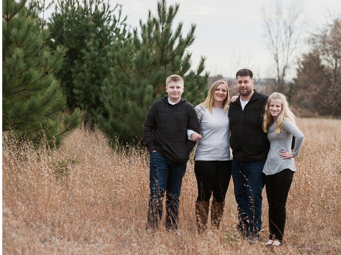 UW-Stout recent risk control and safety management graduate Kristi Foust, second from left, with her son, Ethan, far left, husband, Jay, and daughter, Jaelyn. Foust credits distance learning with helping her to earn her master’s degree. Photo courtesy Kristi Foust.