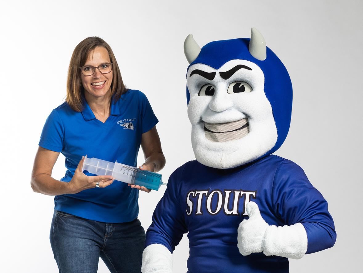 Blaze the mascot is part of the UW-Stout and UW System effort to have 70% of students vaccinated by Oct. 15.