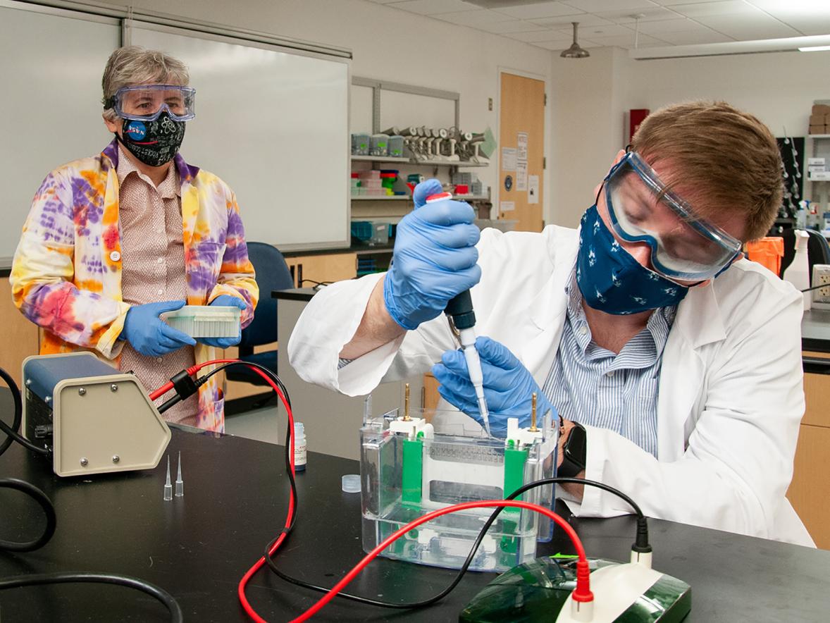 A student works in a science lab at UW-Stout.