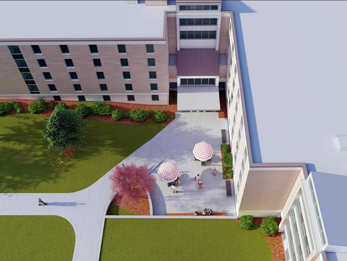 A 2022-23 renovation of South Hall residence hall at UW-Stout will include a new main entrance on the northeast side, facing the campus mall.