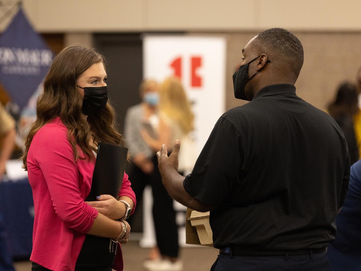 Students and employers meet at UW-Stout’s 2021 Fall Career Conference. The spring event begins Monday, Feb. 28.