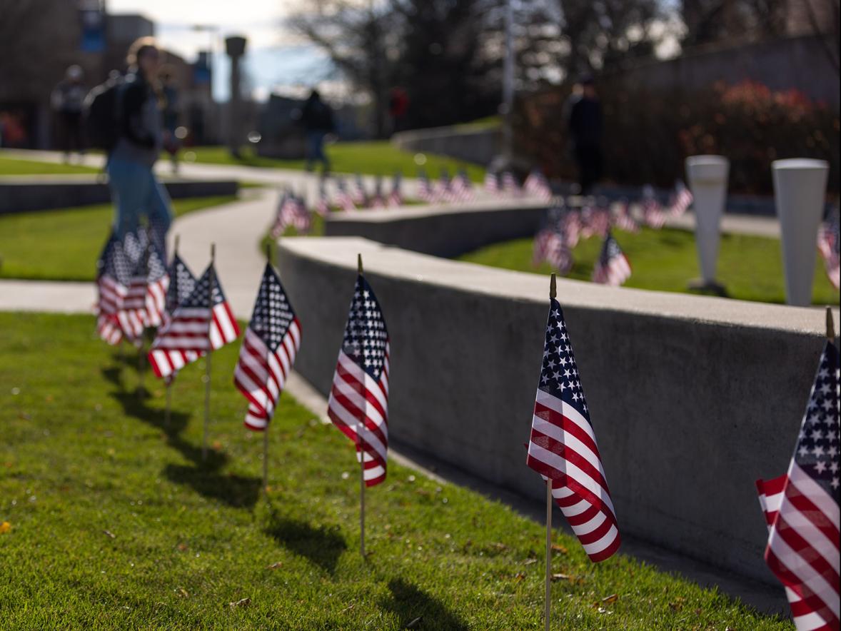 Flags outside of the Memorial Student Center at UW-Stout honor fallen service members on Veterans Day 2022.