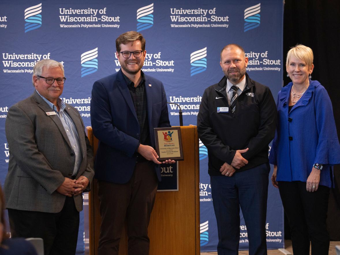 Family Friendly Workplace award presentation, Mark Tyler, Neil Kline, Terry McCann and Chancellor Katherine Frank