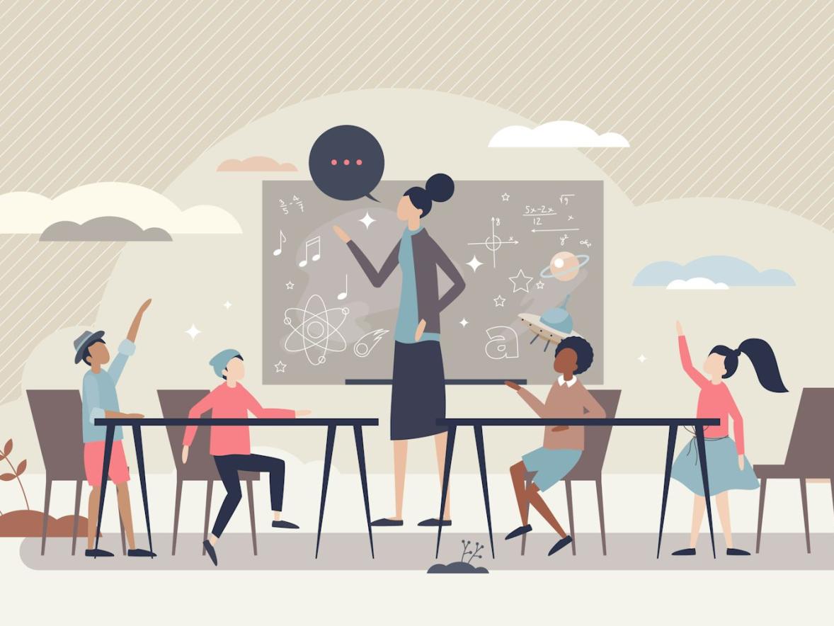 Colorful Illustration of a teacher in front of a classroom of children addressing raised hands.