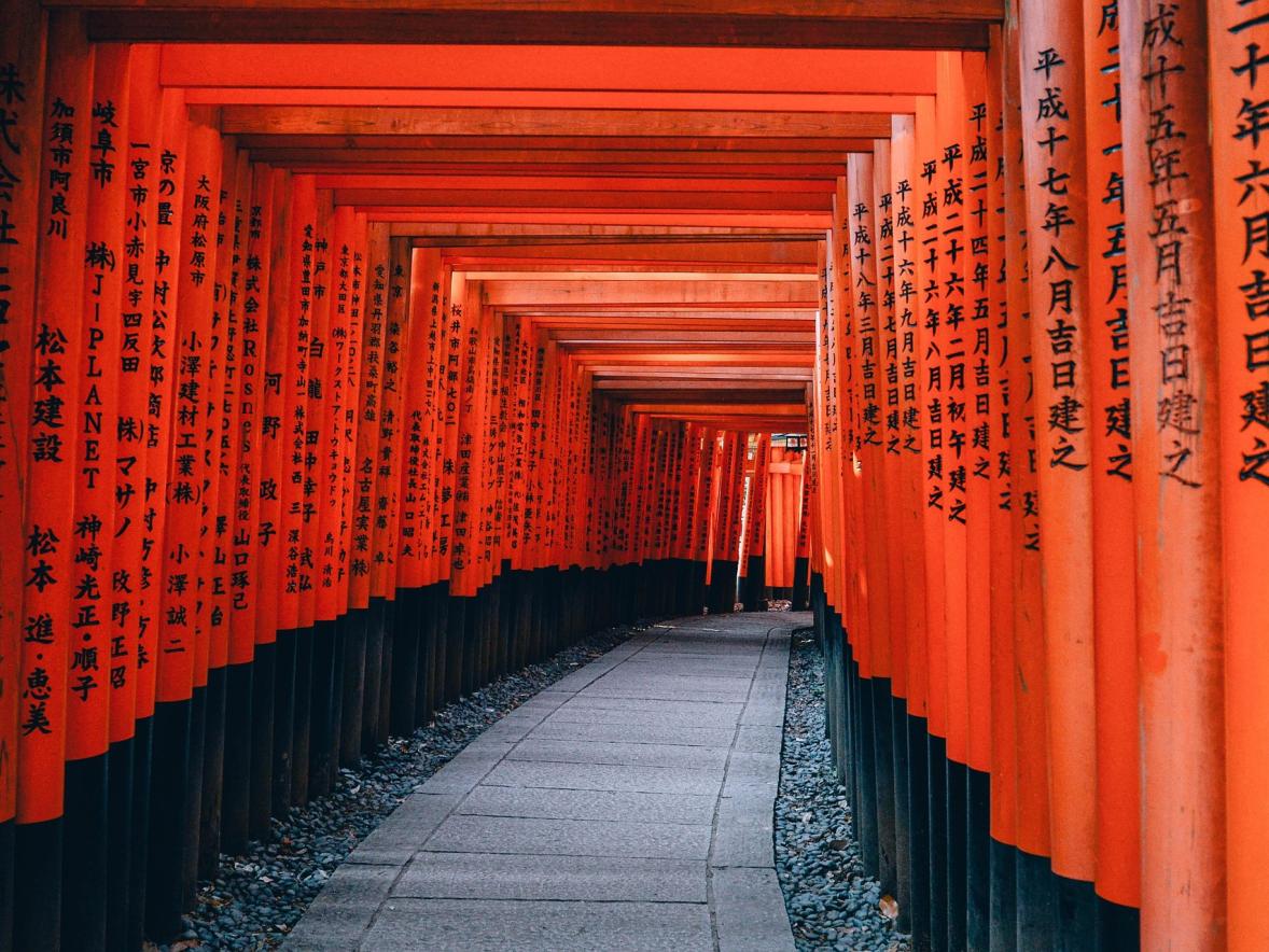 Vermilion torii gates at Fushimi Inari Taisha in Kyoto, Japan