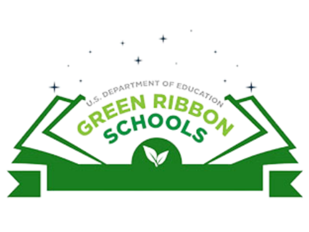 Logo of a green book with the pages open at the middle. Above the pages appears U.S. Department of Education Green Ribbon Schools in green text.