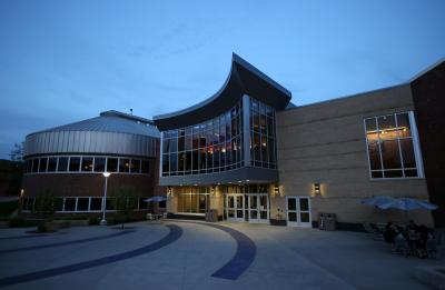 Memorial Student Center at dusk.