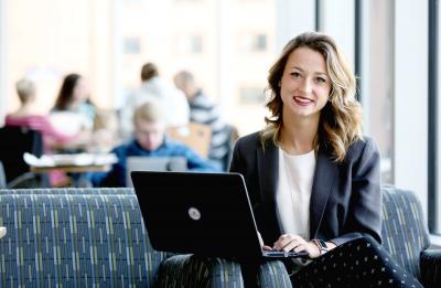 20171023_haley_wentz_09.jpg UW-Stout student, Haley Wentz, on the Grand Stairace in the Memorial Student Center.