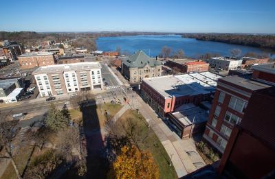 The shadow of the Clock Tower can be seen in UW-Stout’s Clock Tower Plaza, looking north toward downtown Menomonie and Lake Menomin.