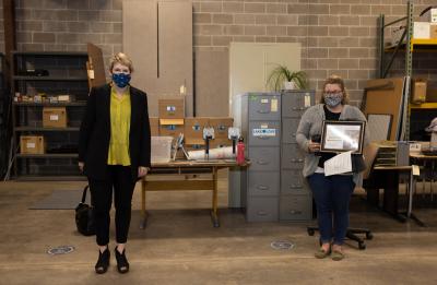 UW-Stout Chancellor Katherine Frank, at left, gave the University Staff Employee Appreciation Award to Bobbi Larson.