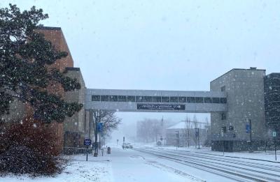 Snow over campus in March.