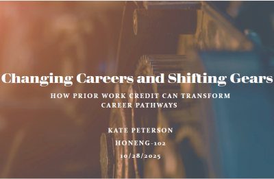 The title slide to a powerpoint titled "Changing Careers and Shifting Gears: How Prior Work Credit Can Transform Career Pathways". Below the title is the student's name (Kate Peterson), the course (HONENG-102), and the date (10/28/2025)