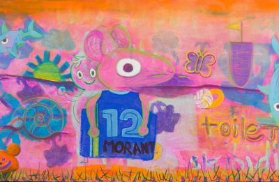 A brightly colored painting featuring playful, cartoon-like characters, fish, plants and abstract shapes. A large character in the center wears a jersey labeled “12 MORANT,” surrounded by vivid pinks, oranges and purples.