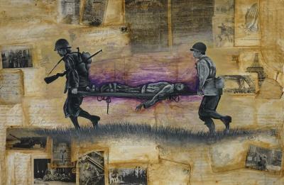 Artwork of soldiers carrying stretcher