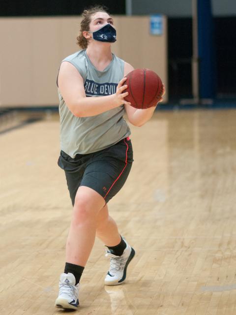 Erin O'Brien, center for Blue Devil women's basketball team, at practice.