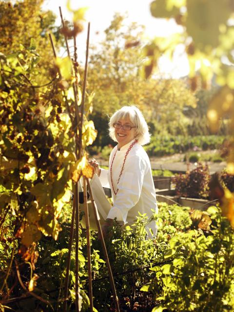 Chef and owner Cindy Pawlcyn visits the six-acre garden at Mustards Grill, which  is known for its fresh, organic ingredients. / Photo courtesy of Mustards Grill