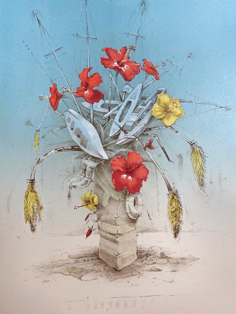 “Flor de Maga Stack” is one of 50 pieces by Bryan Ritchie, UW-Stout instructor, in his “Pinpoint” art exhibit at Northwest Florida State College.